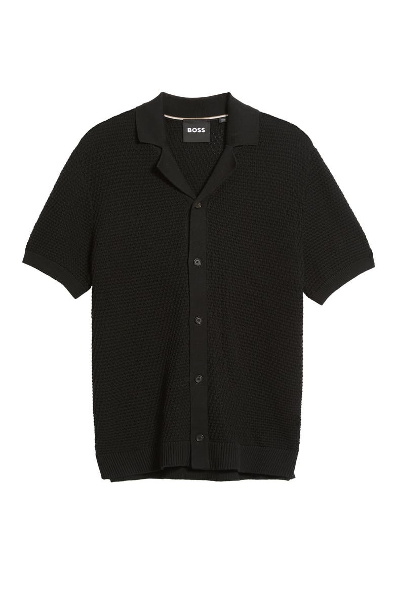 Iconico Textured Knit Camp Shirt, Alternate, color, BLACK