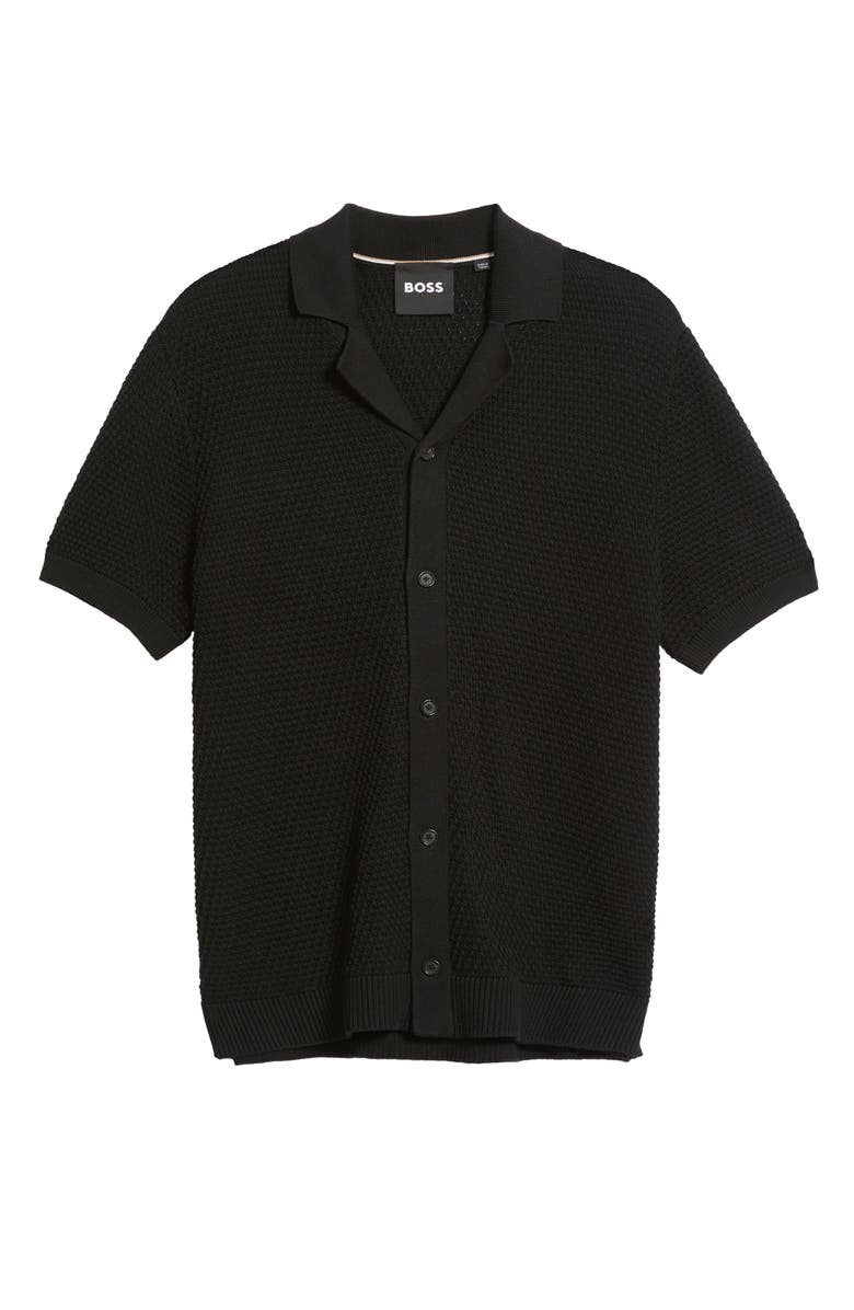 BOSS Iconico Textured Knit Camp Shirt, Alternate, color, Black