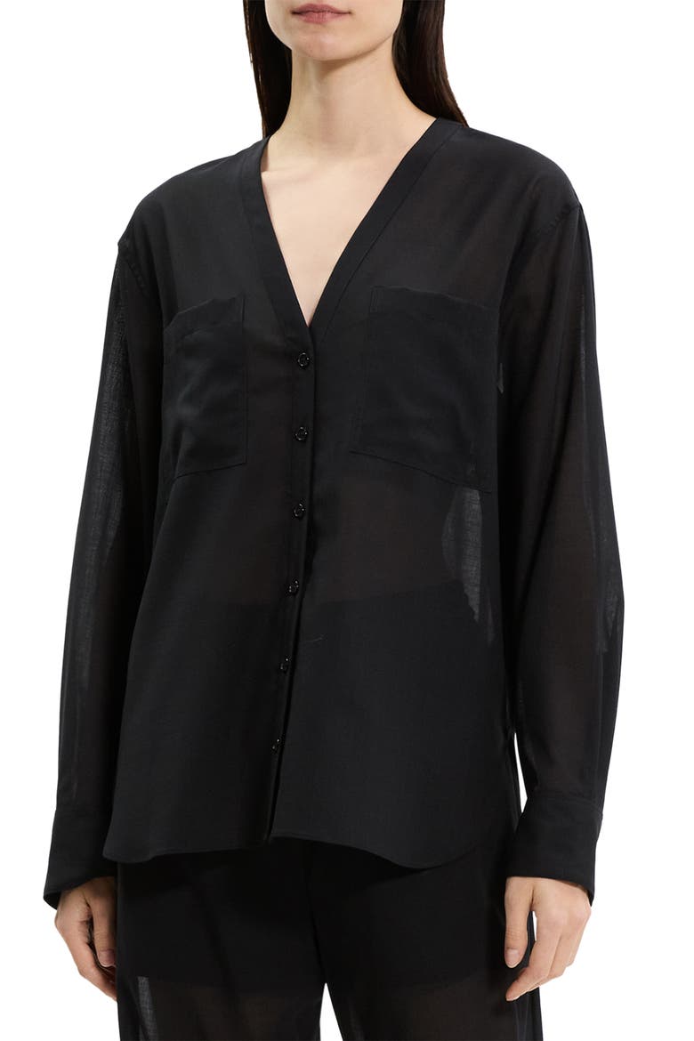Wool Blend V-Neck Button-Up Shirt, Main, color, BLACK