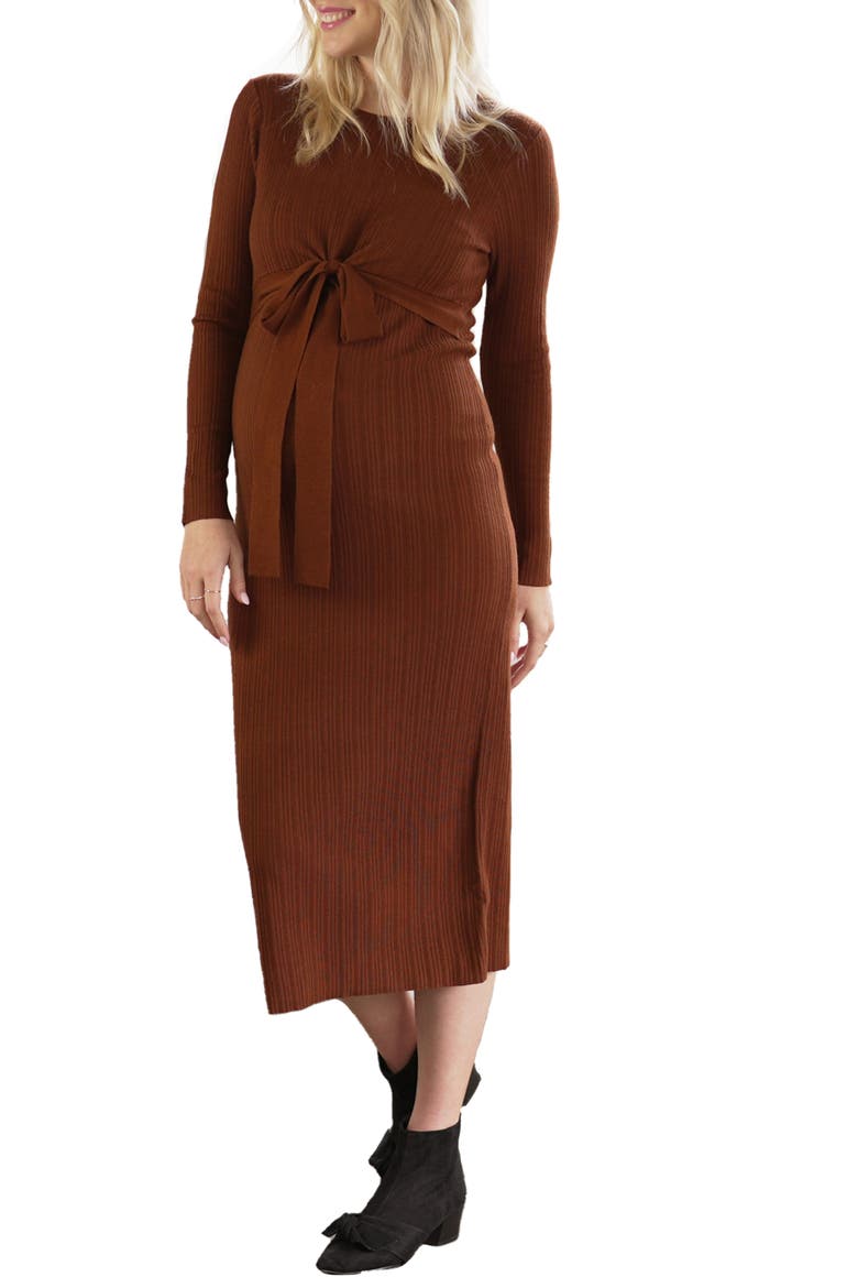 Knit Midi Maternity/Nursing Dress, Main, color, WALNUT