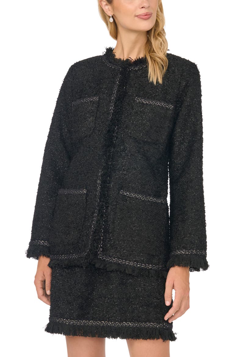 Fringe Trim Crewneck Jacket, Alternate, color, RICH BLACK