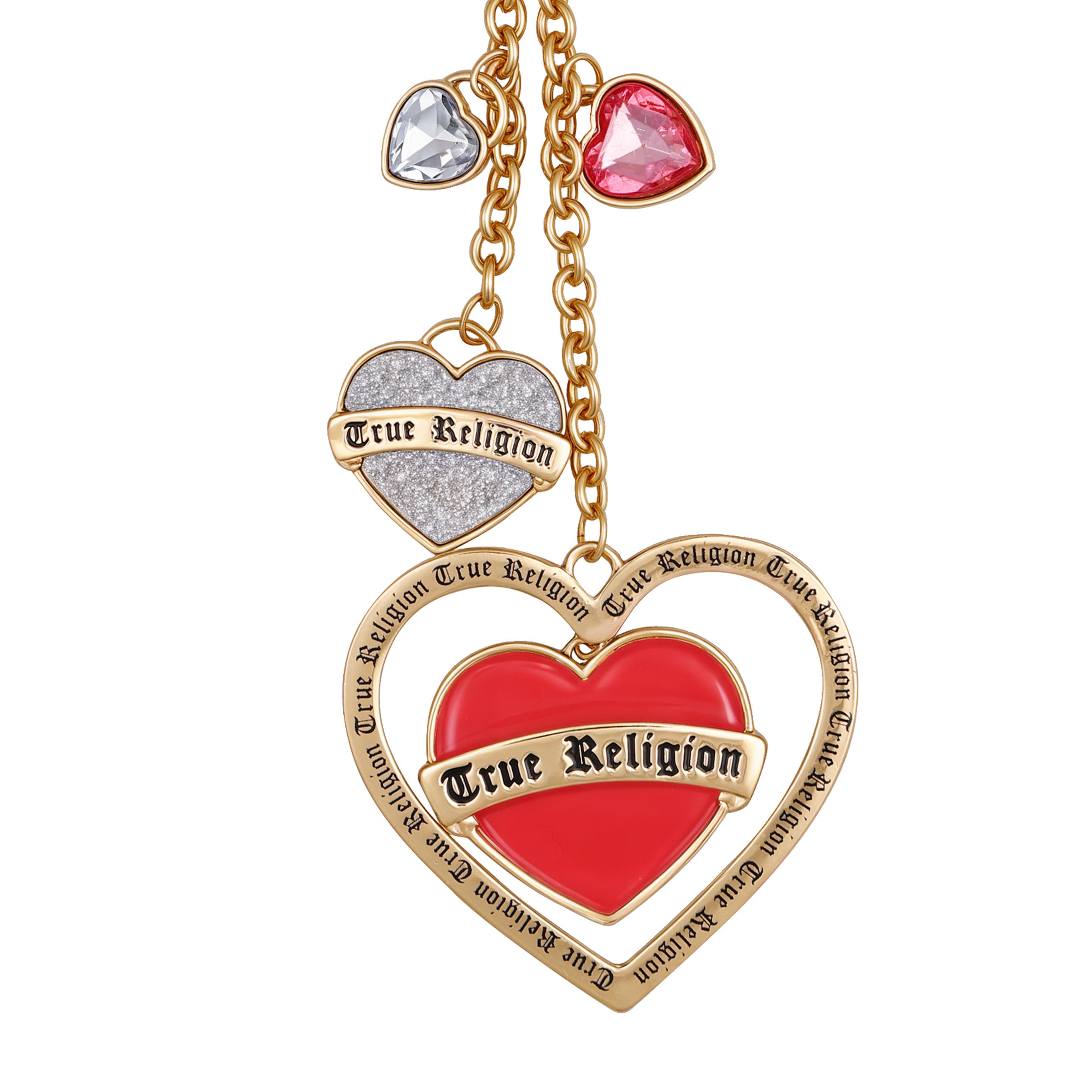 True Religion Triple Heart Logo Keychain, Alternate, color, Gold Tone