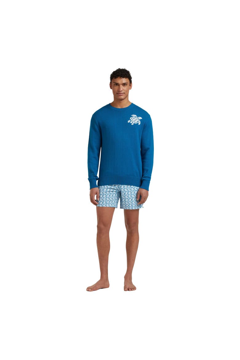Crewneck Cotton Cashmere Sweater Turtle, Alternate, color, peacock