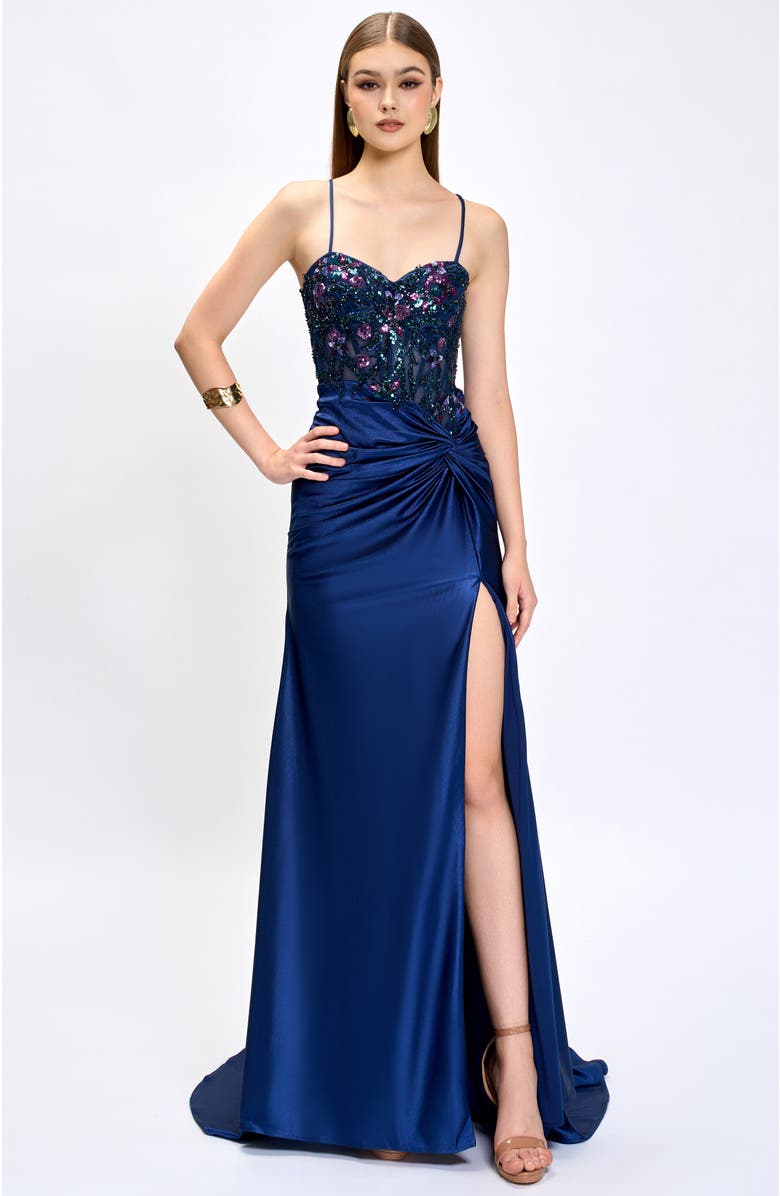 Bariano Nahdia Beaded Sequin Gown, Alternate, color, Navy
