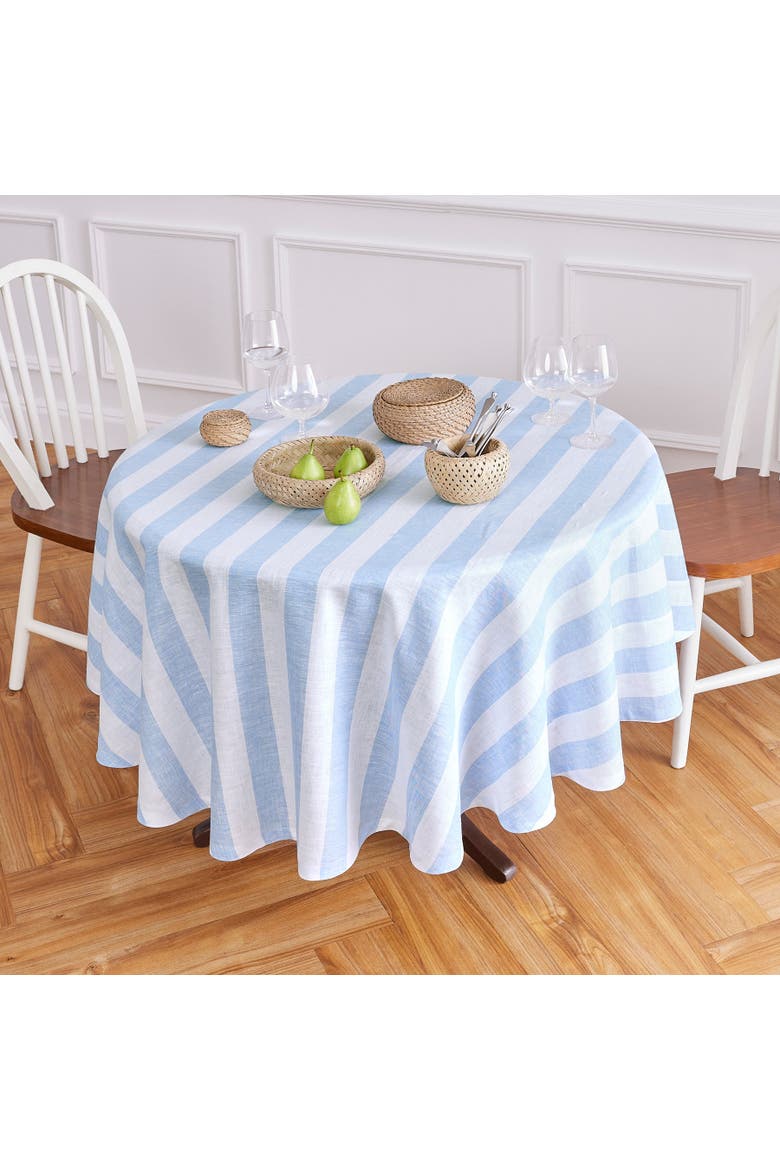 Linen Round Tablecloth - Cabana Stripe, Alternate, color, Sky Blue and White
