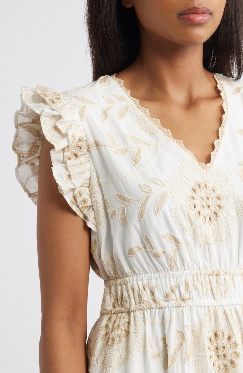 Anne Klein Embroidered Eyelet Cotton Ruffle Dress, Alternate, color, Egret/ Desert Tan