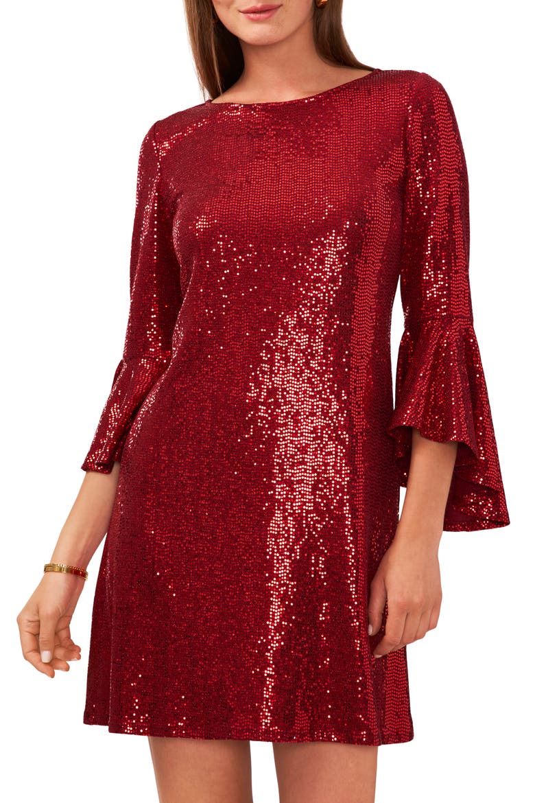 Sequin Bell Sleeve Minidress, Alternate, color, ULTRA RED