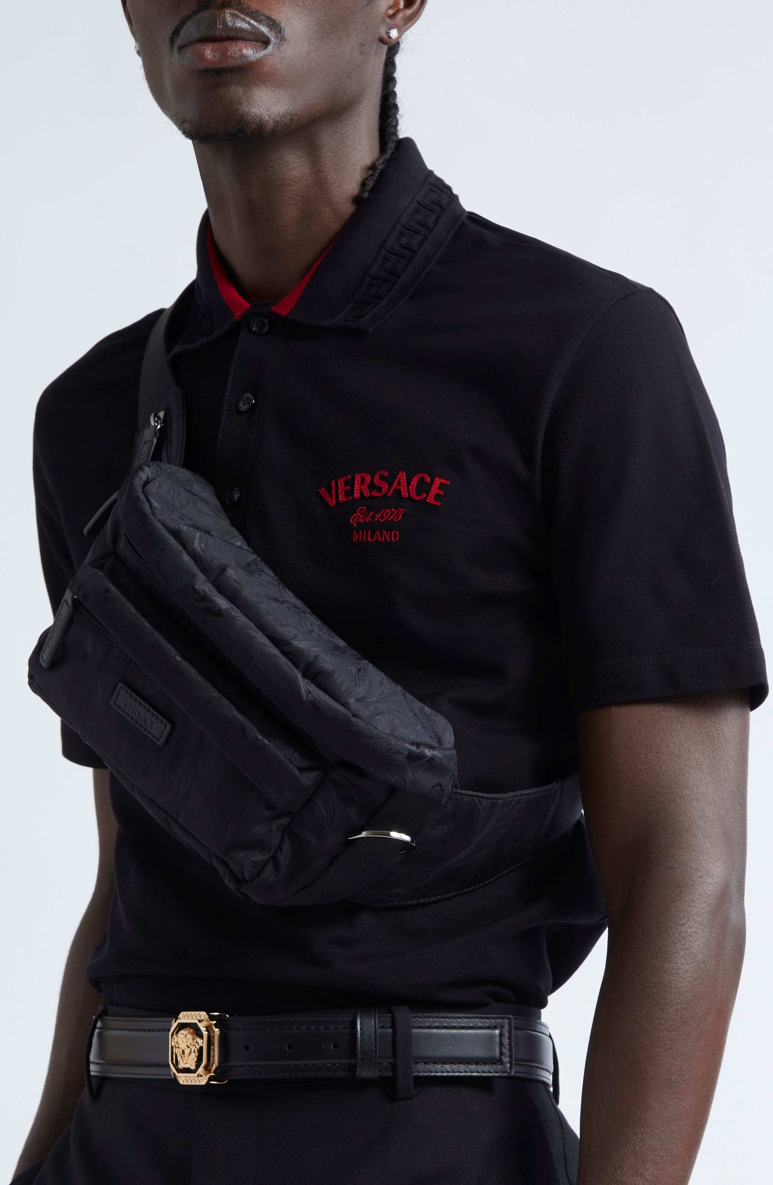 Versace Small Barocco Jacquard Nylon Belt Bag, Alternate, color, Black Ruthenium