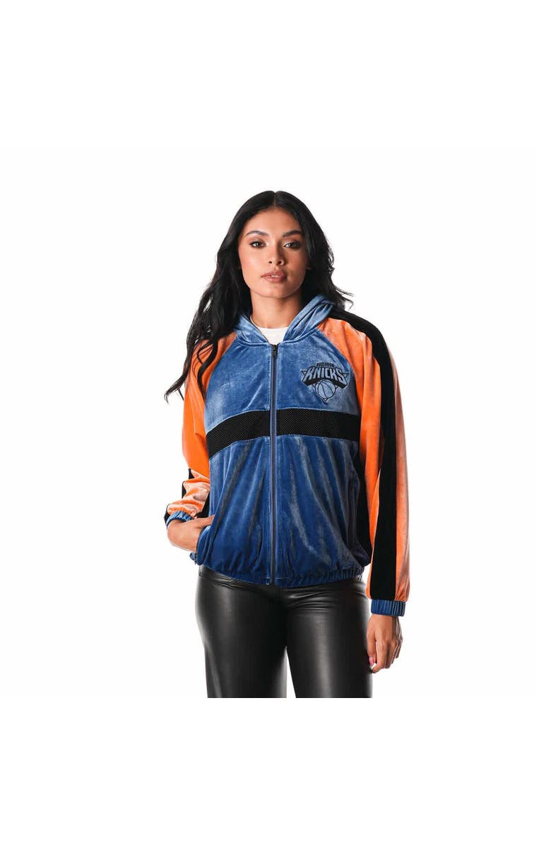 THE WILD COLLECTIVE Women's The Wild Collective Blue New York Knicks Velour Full-Zip Track Jacket Hoodie, Alternate, color, 
