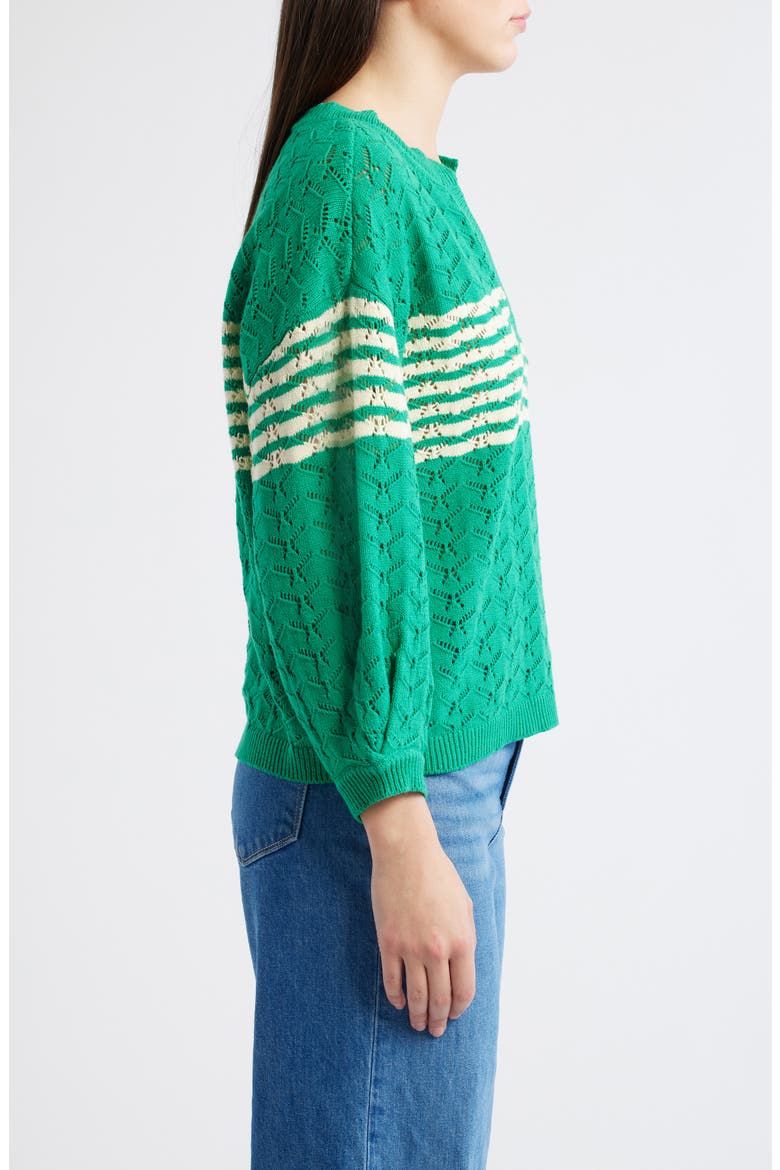Pointelle Stripe Sweater, Alternate, color, GOLF GREEN/ IVORY
