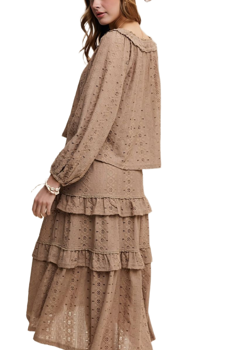 Knit and Lounge Eyelet Tiered Boho Skirt and Top Set, Alternate, color, Taupe