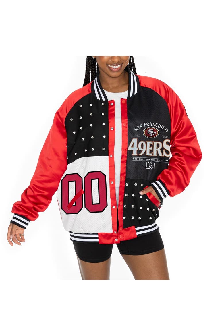 Women's Gameday Couture  Scarlet/Black San Francisco 49ers Oversized Hot Shot Rhinestone Throwback Full-Snap Varsity Bomber Jacket, Main, color, Scarlet