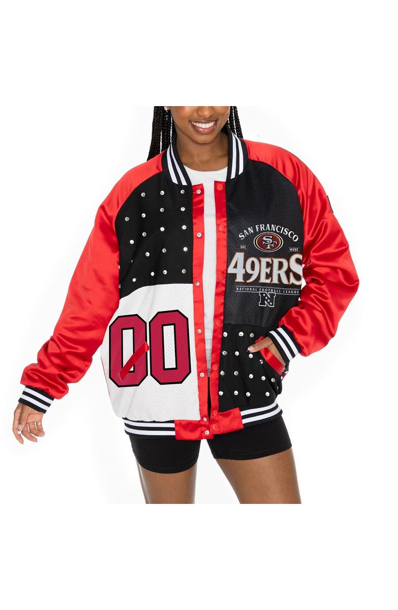 GAMEDAY COUTURE Women's Gameday Couture Scarlet/Black San Francisco 49ers Oversized Hot Shot Rhinestone Throwback Full-Snap Varsity Bomber Jacket, Main, color, Scarlet