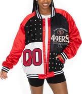 GAMEDAY COUTURE Women's Gameday Couture Scarlet/Black San Francisco 49ers Oversized Hot Shot Rhinestone Throwback Full-Snap Varsity Bomber Jacket