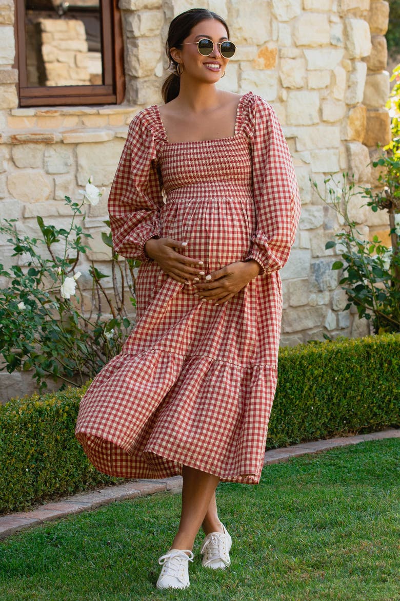 Gingham Long Sleeve Midi Dress, Alternate, color, Red