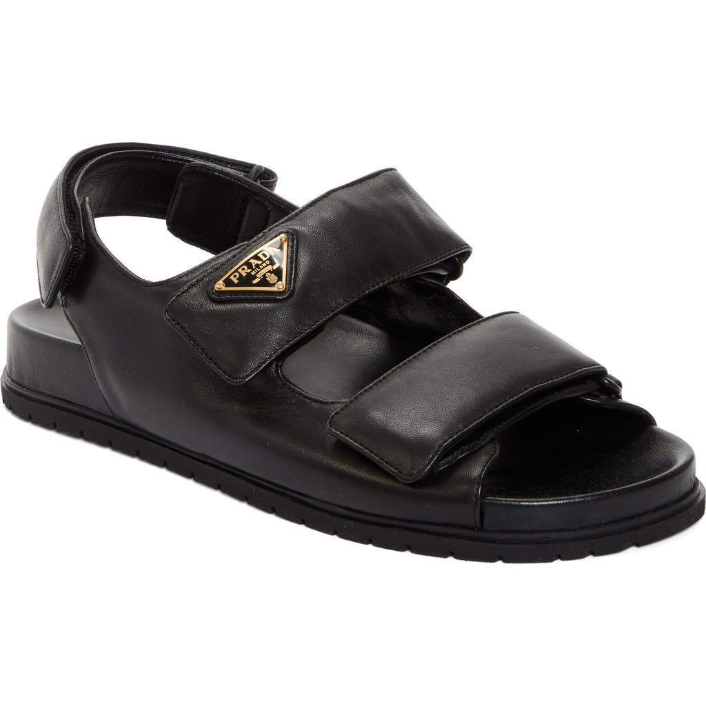 Prada Open-toe Black Lamb Leather Sandals With Adjustable Straps In Nero