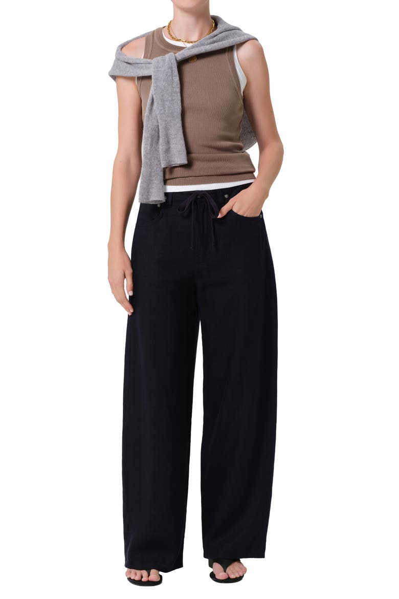 Brynn Drawstring Waist Wide Leg Linen Pants, Alternate, color, TRUE NAVY