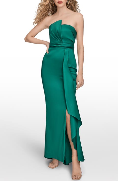 Asymmetric Strapless Satin Gown