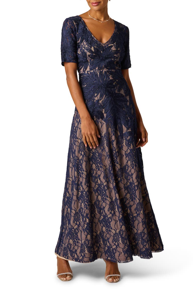 Soutache Lace Gown, Main, color, NAVY/ NUDE