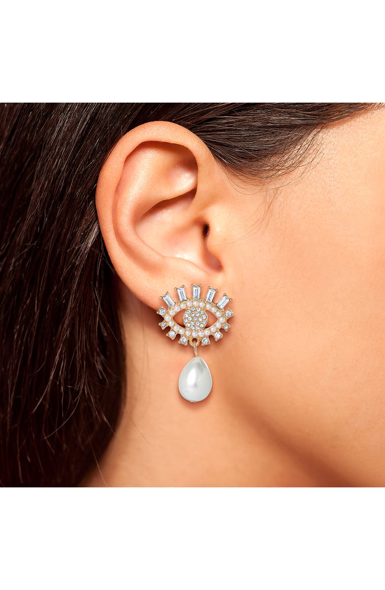 Jessica Simpson Gold-Tone Evil Eye Pearl Drop Earrings, Alternate, color, White