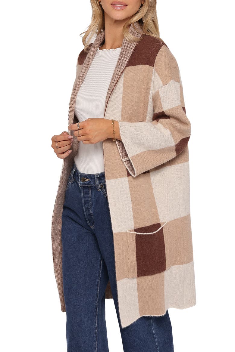 Ecoya Check Longline Cardigan, Alternate, color, BROWN PLAID