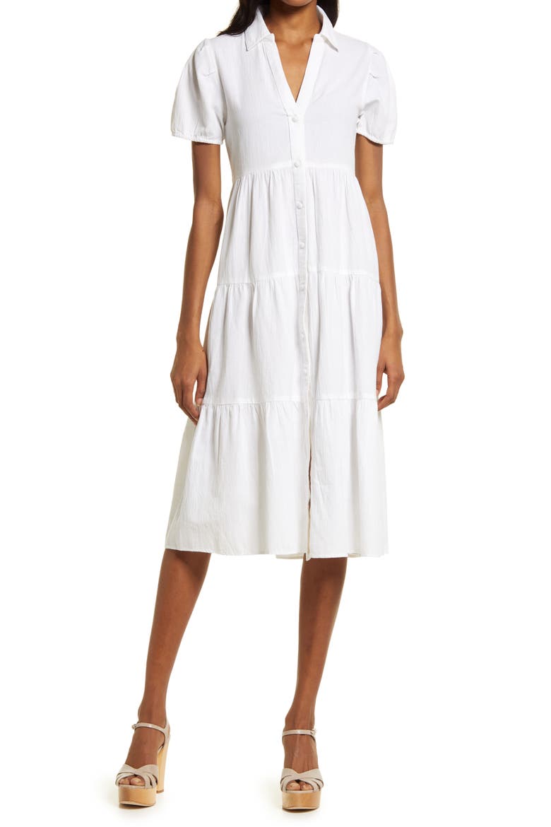 Bella Tiered Cotton Shirtdress, Main, color, WHITE
