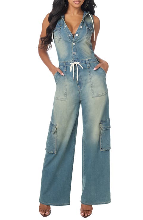 Hooded Denim Cargo Jumpsuit