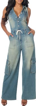 True Religion Hooded Denim Cargo Jumpsuit