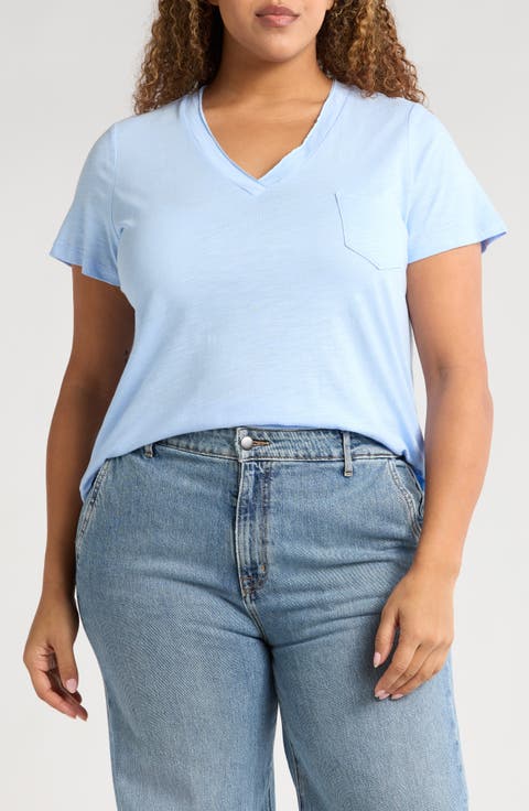 Short Sleeve Cotton & Modal V-Neck Pocket T-Shirt (Plus)