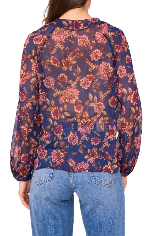 Vince Camuto Floral Ruffle Detail Long Sleeve Top In Blue