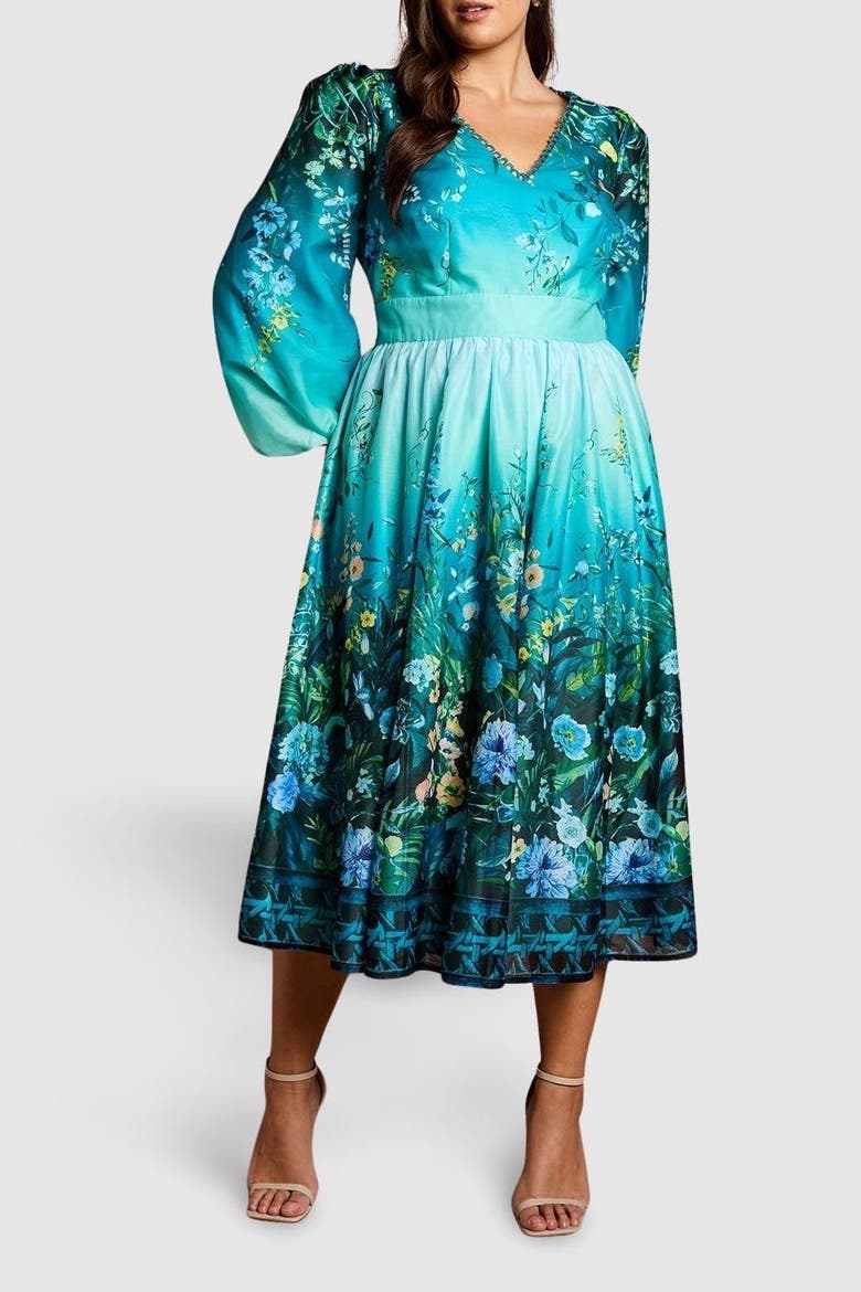Plus Placement Print Organza Midi Dress, Alternate, color, Teal