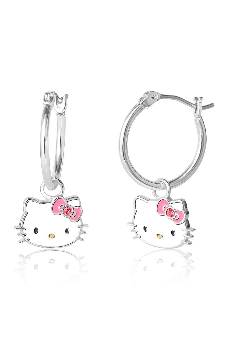 Hello Kitty Silver Plated Pink Crystal Charm Hoop Earrings, Main, color, Silver, White