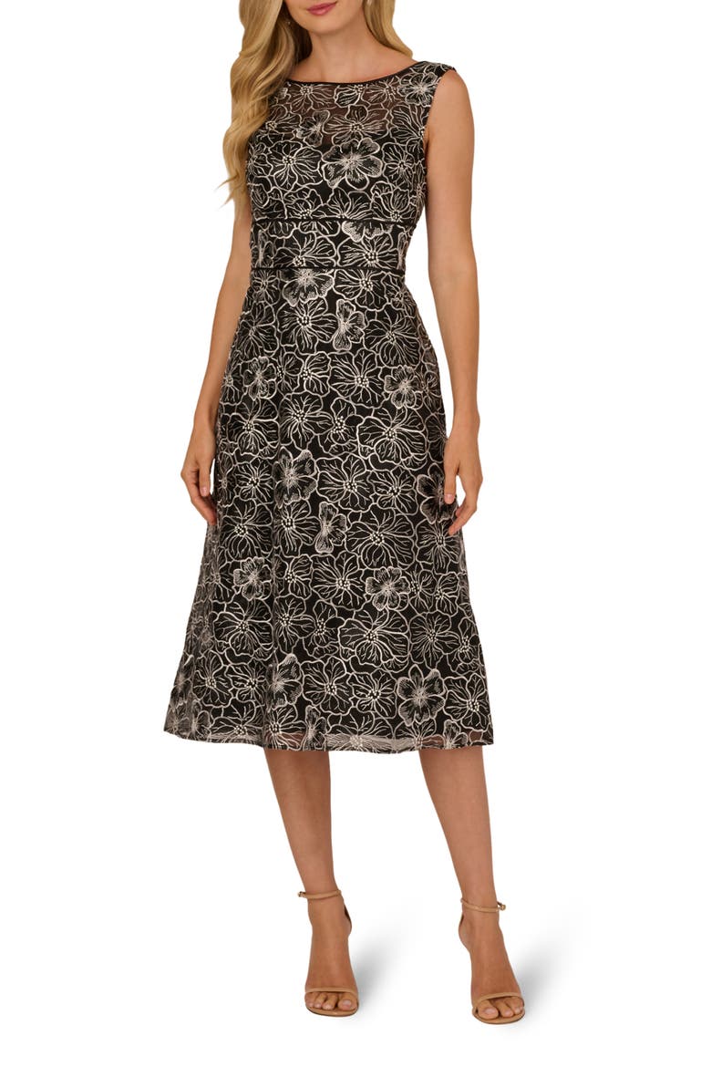Floral Embroidery Cocktail Midi Dress, Main, color, BLACK/ IVORY