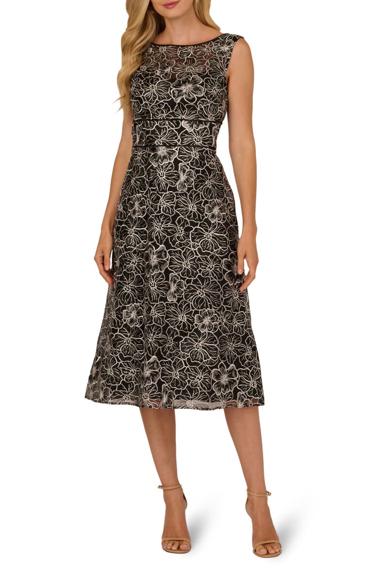 Adrianna Papell Floral Embroidery Cocktail Midi Dress, Main, color, Black/ Ivory