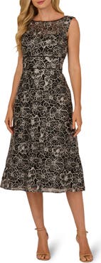 Adrianna Papell Floral Embroidery Cocktail Midi Dress