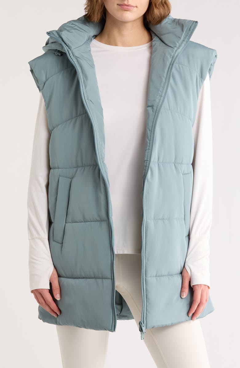Z by Zella Hooded Long Quilted Vest, Main, color, Grey Thunder