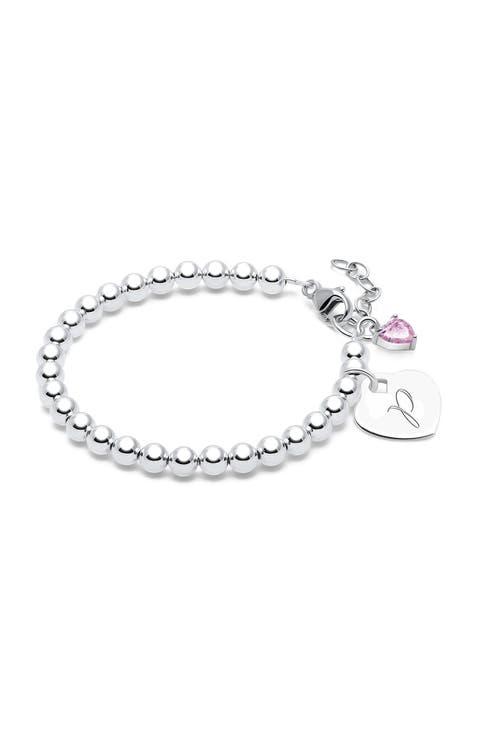 Sterling Silver 4mm Beads 
Engraved Initial 6.25" Bracelet