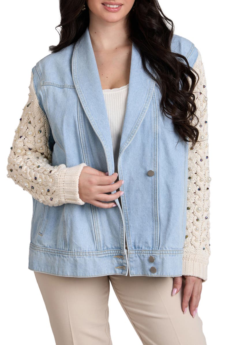 SAACHI Embellished Knit Sleeve Denim Jacket, Main, color, Denim