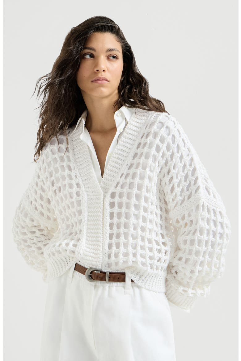 Jute and cotton net cardigan, Main, color, White