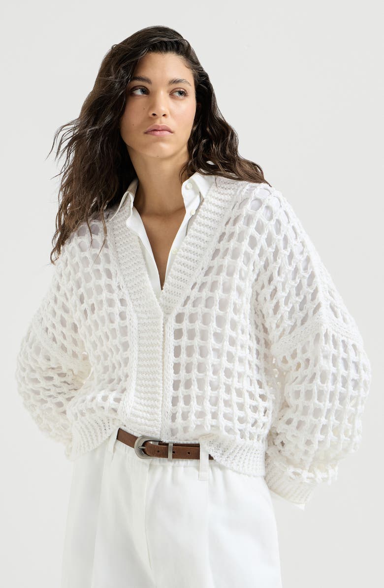 Brunello Cucinelli Jute and cotton net cardigan, Main, color, White