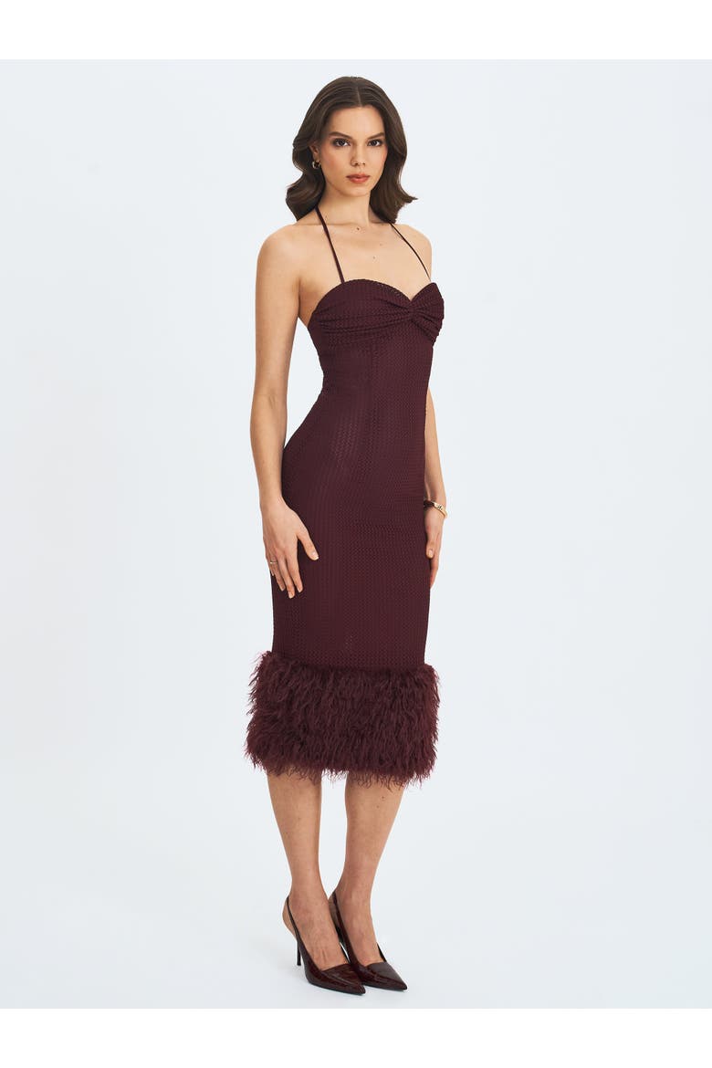 Pluma Halter Faux-Fur Trimmed Midi Dress, Alternate, color, Maroon