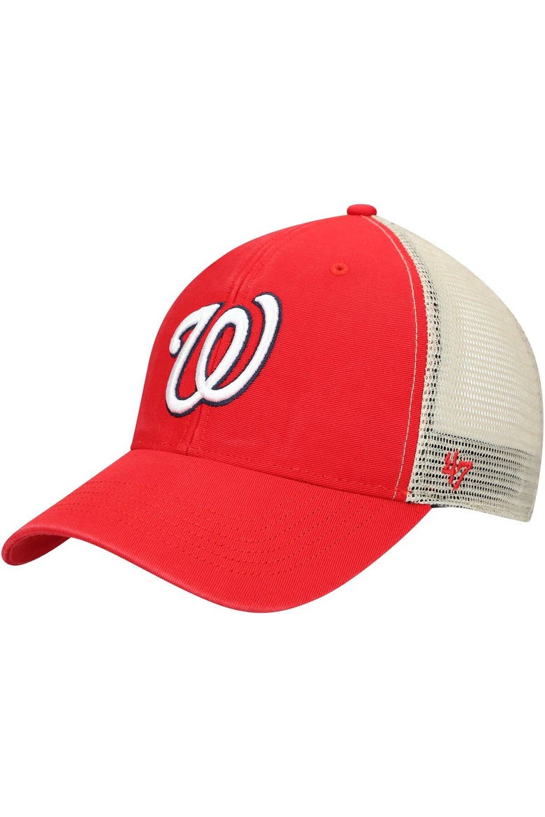 Men's '47 Red/Natural Washington Nationals Flagship Washed MVP Trucker Snapback Hat, Main, color, Red