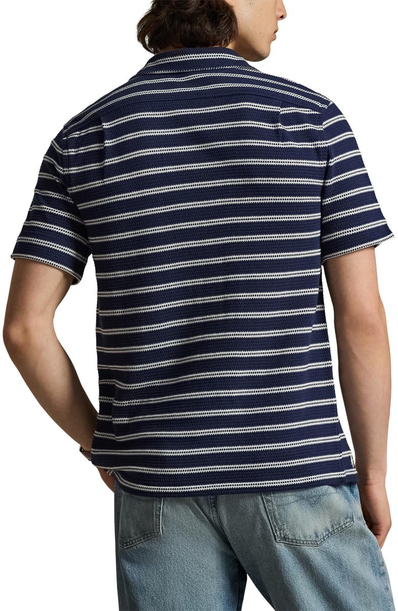 Polo Ralph Lauren Stripe Pointelle Camp Shirt, Alternate, color, Newport Navy/ Pale Cream