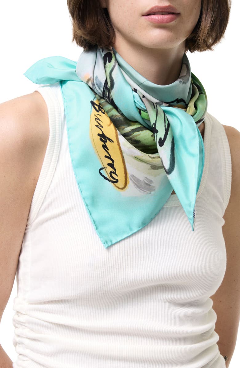 Burberry Swan Lake Watercolor Square Silk Scarf, Alternate, color, Skylight Blue