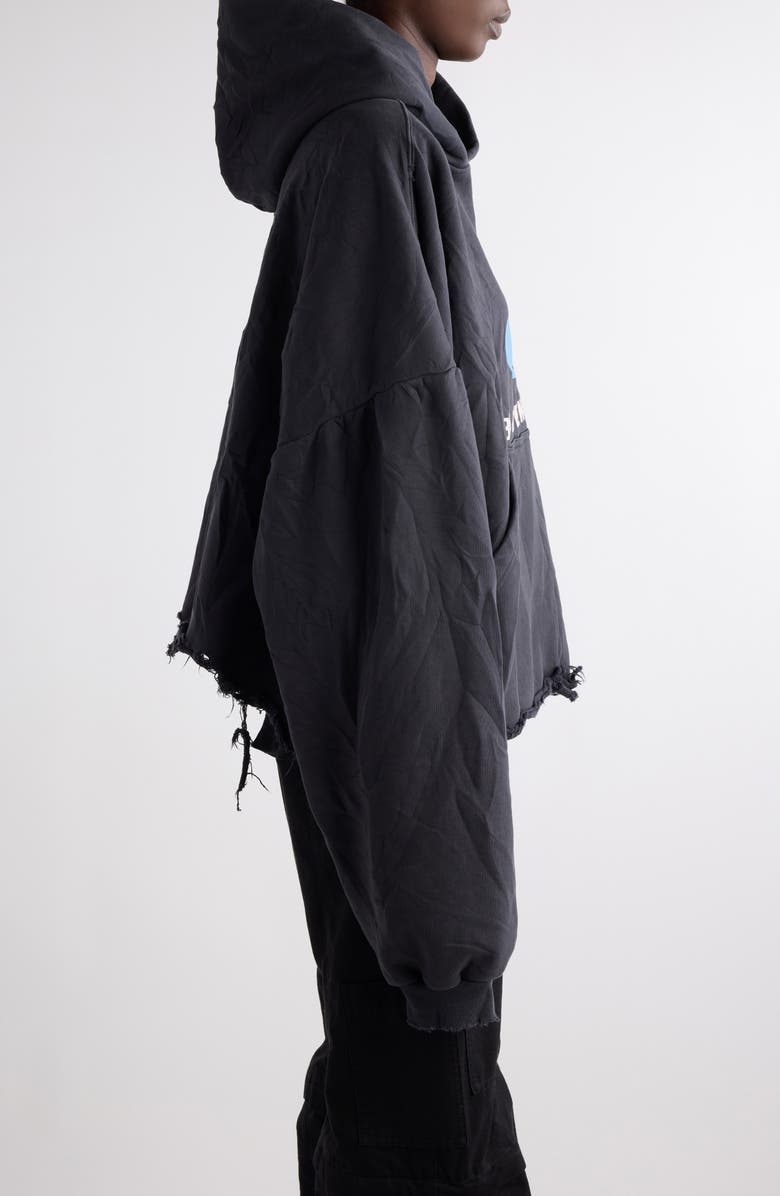 Balenciaga Logo Distressed Crop Graphic Hoodie, Alternate, color, Washed Black/ Blue