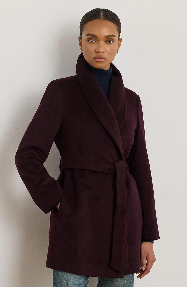 Lauren Ralph Lauren Wool Blend Wrap Coat, Alternate, color, Pinot Noir