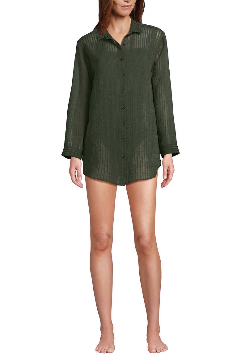 Cotton Gauze Button Down Swim Cover-up Shirt Dress, Alternate, color, Rich Olive Green