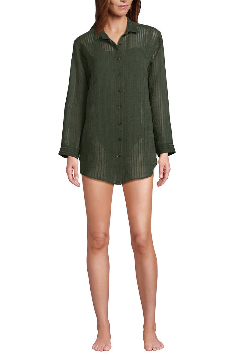 Lands' End Cotton Gauze Button Down Swim Cover-up Shirt Dress, Alternate, color, Rich Olive Green