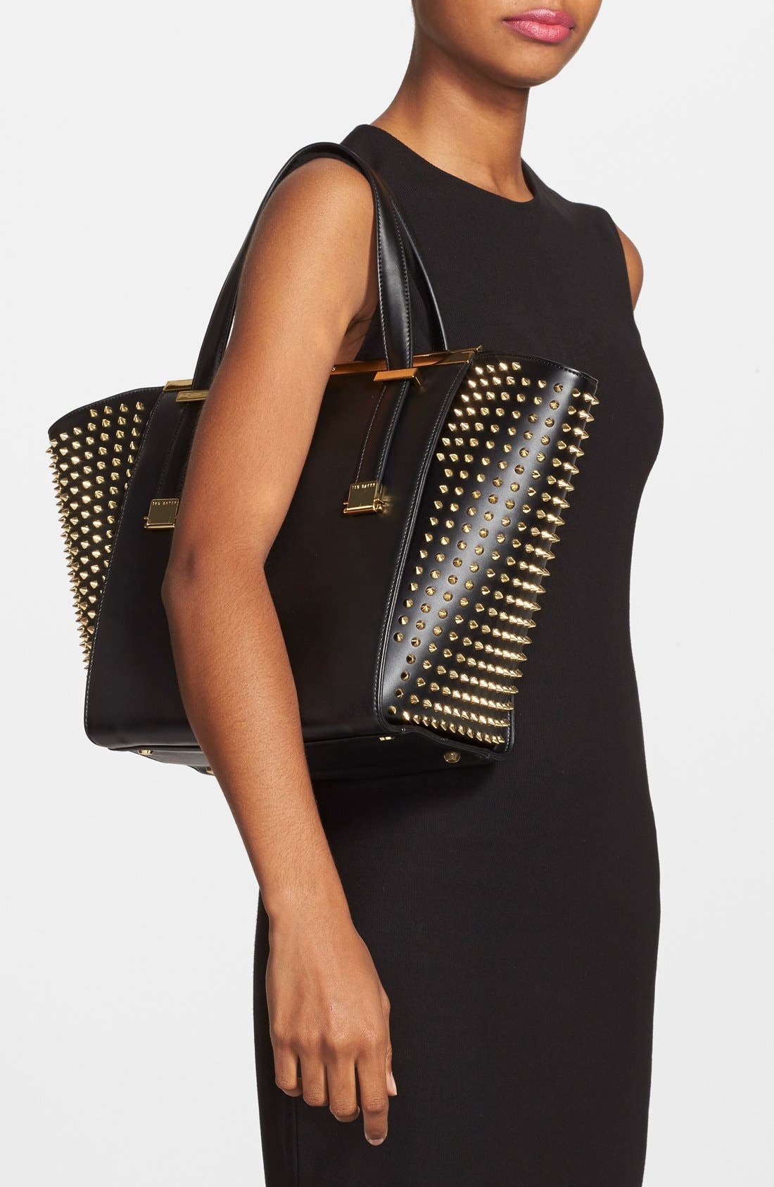 Studded Metal Bar Shopper, Alternate, color, BLACK