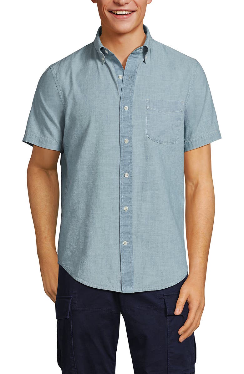 Lands' End Short Sleeve Button Down Chambray Shirt, Alternate, color, Light Indigo Chambray